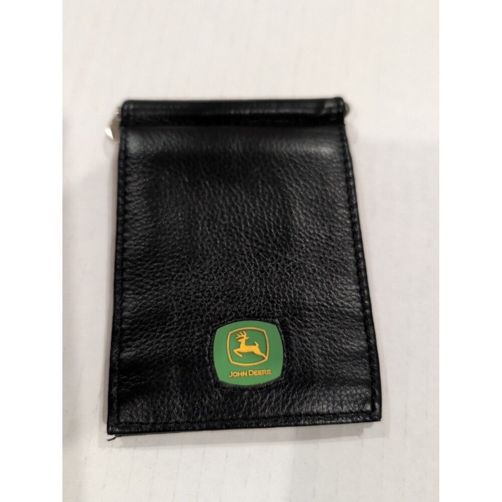 JOHN DEERE LEATHER MONEY CLIP WALLET CASH CC W/2 ID SLOTS LIGHTWEIGHT BLACK EUC